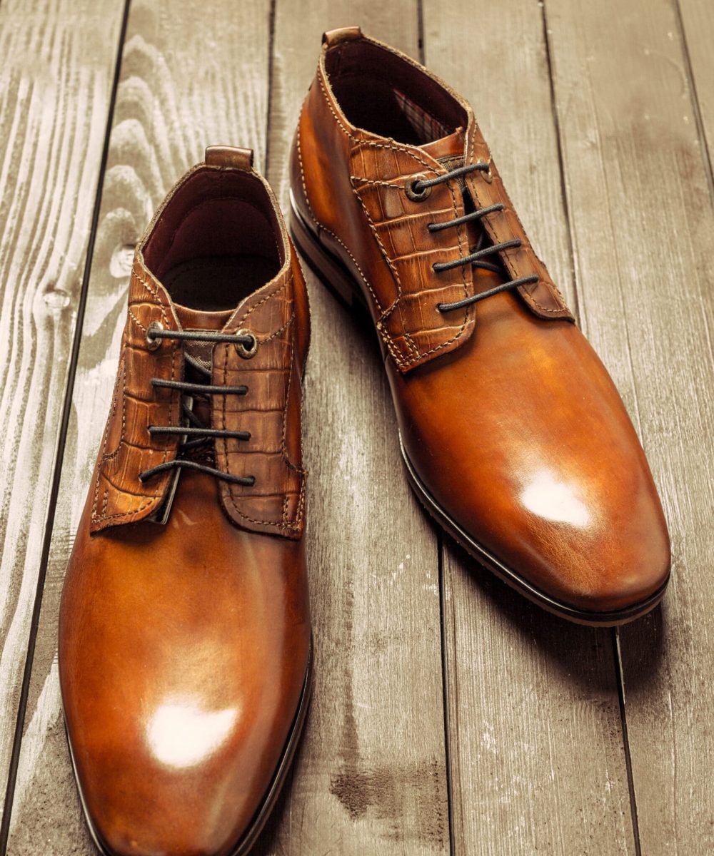 Fashion concept with male shoes on wooden background