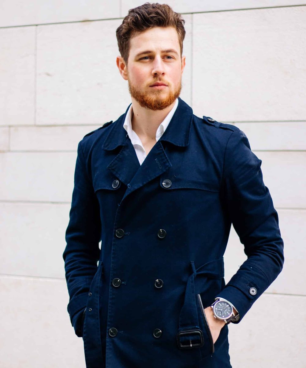 A vertical shot of a fashionable caucasian man in a blue raincoat posing outdoors